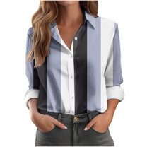 DAFPZW Womens Button Down Casual Shirts Color Block Striped Blouse Tops Long Sleeve Collar Shirt Dressy Work Outfits Clothing