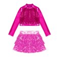 thumbnail image 3 of iiniim Kids Girls Jazz Hip Hop Modern Dance Sequins Mock Neck Long Sleeve Crop Top with Skirted Shorts Hot Pink 14, 3 of 7