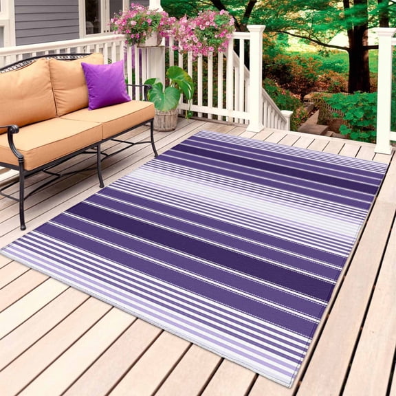 Purple Ombre Stripe Outdoor Rug 4x6 Ft, Non Slip Washable Area Rug, Farmhouse Simple Striped Patio Rugs Carpet Runner, Large Floor Mat for Indoor/Outdoor Deck Porch Camping