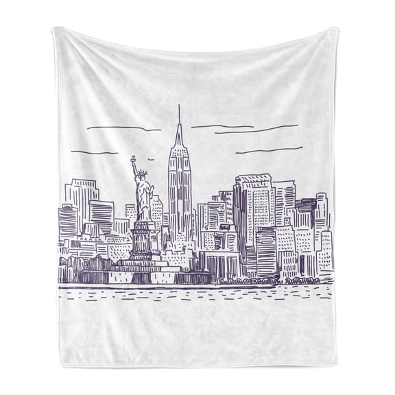 New York Soft Flannel Fleece Throw Blanket, Sketchy Simple View of NYC of Liberty Freedom Ellis Island Print, Cozy Plush for Indoor and Outdoor Use, 60" x 80", Purple White, by Ambesonne