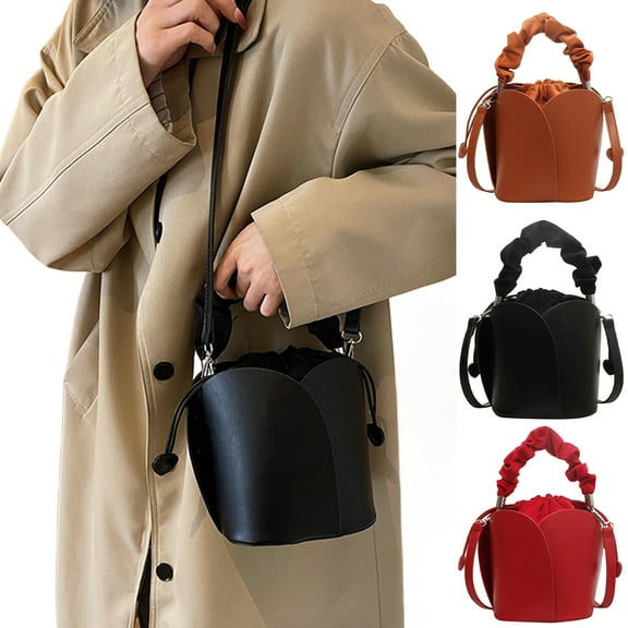 Chatgetd Women's Petal Bucket Bag Vintage Faux Leather Drawstring Handbag with Adjustable Strap Tote Shoulder Purse Crossbody Bag for Shopping Work