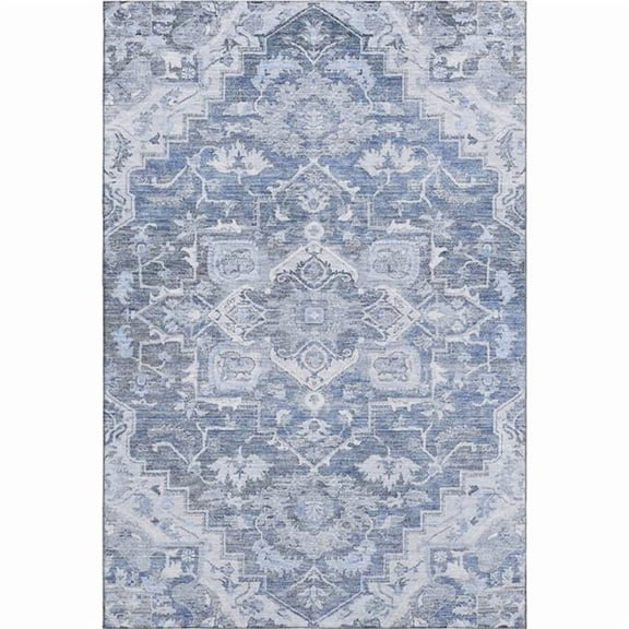 HomeRoots 664734 5 x 8 ft. Denim Blue, Ivory & Gray Floral Medallion Washable Machine Made Rectangle Area Rug with UV Protection