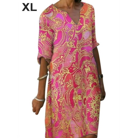 

BESTHUA Women Casual V Neck Print Dress Colorful Frock