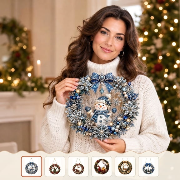 Wodellrrea Christmas Pearl Diamond Art Wreath Kit, DIY Hanging Craft, Decorative Beaded Holiday Ornament, Blue Snowman, Festive Acrylic Art Project for Indoor Door Wall and Window Display