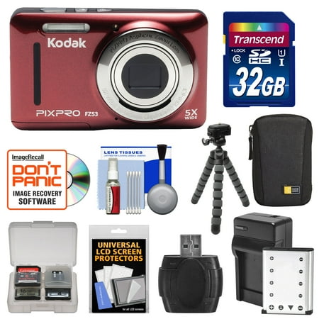 Flex Card - KODAK PIXPRO Friendly Zoom FZ53 Digital Camera (Red) with 32GB Card + Battery & Charger + Case + Flex Tripod + Kit