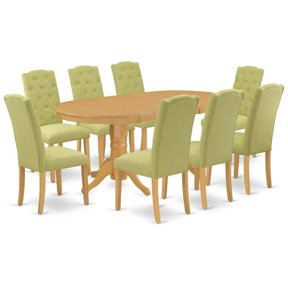 VACE9-OAK-07 9Pc Dining Set Includes an Oval Dining Table with Butterfly Leaf and Eight Parson Chairs with Lime Green Fabric, Oak Finish