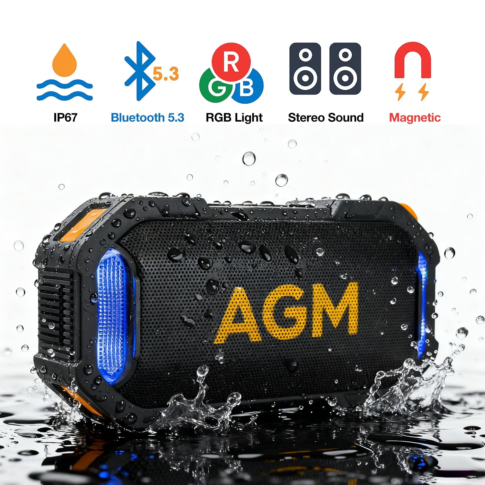 AGM MagRock IP67 Waterproof Shockproof Bluetooth Speaker with Powerful Stereo Sound, RGB Lights, Magnetic Base, and 8.5-Hour Playtime for Outdoor, Travel & Party Use