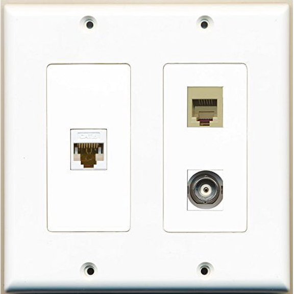 RiteAV - 1 Port Phone RJ11 RJ12 Beige 1 Port BNC 1 Port Cat6 Ethernet White - 2 Gang Wall Plate