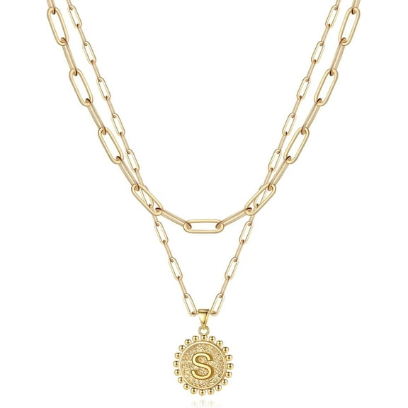 Gold Initial Necklaces for Women, 14K Gold Plated Dainty Layering Paperclip Link Chain Necklace Personalized Coin Initial Layered Gold Necklaces for Women