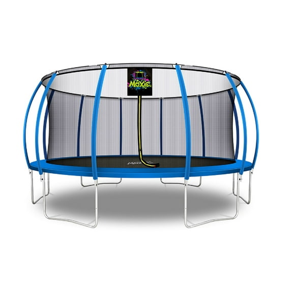 Moxie Pumpkin-Shaped Outdoor Trampoline Set with Premium Top-Ring Frame Safety Enclosure, 16 FT - Blue