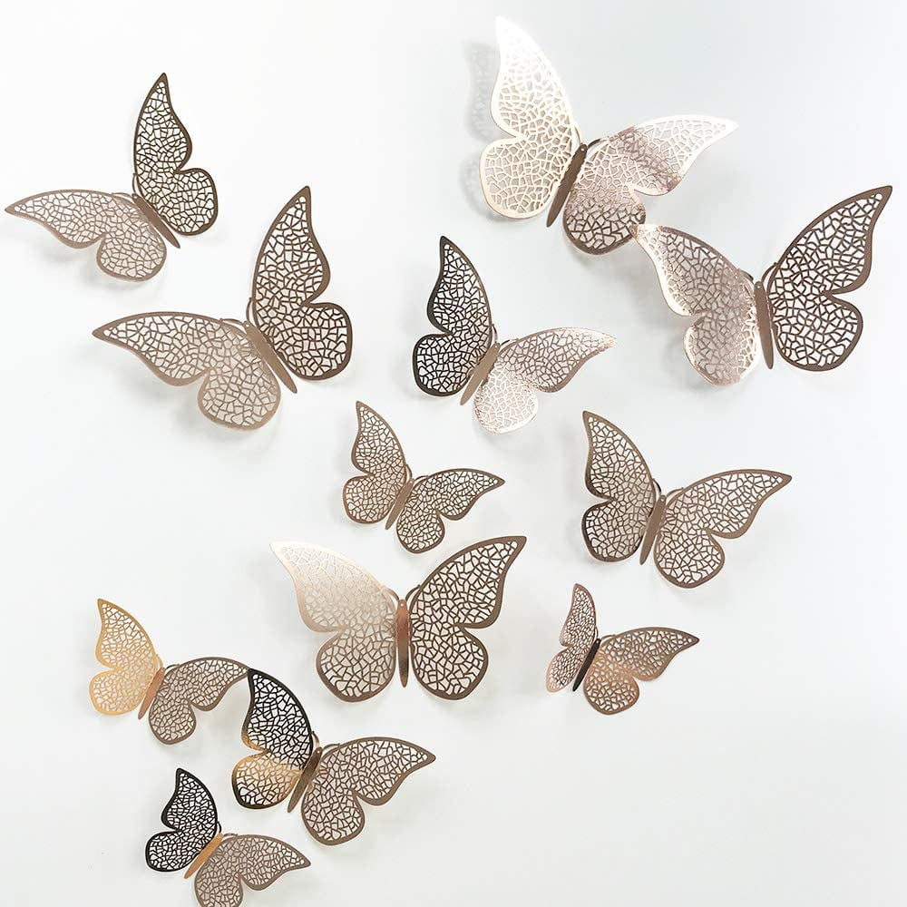 24Pcs Rose Gold Butterfly Wall Sticker Decal 3D Metallic Art Butterfly Mural Decoration DIY