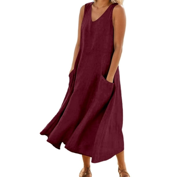 Vestido largo sin mangas con cuello en V y color liso para mujer: corte holgado, bolsillos, vestido informal cómodo para el día a día.