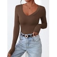 thumbnail image 3 of Remera PRETTYGARDEN Mujer Cuello en V Manga Larga Ajustada Marrón Talle L, 3 of 8