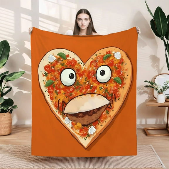 Cozy Heart - Shaped Pizza Flannel Blanket - Soft Warm and Durable for Sofa Travel Bed and Chair - Fun Smiling Face Design