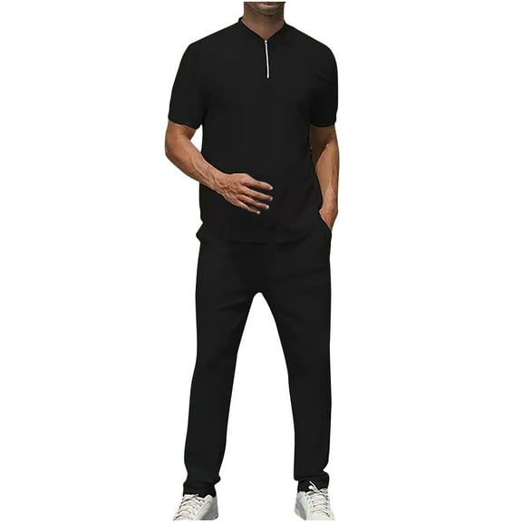 YYDGH Men's 2 Piece Sets Solid Color Casual Short Sleeve Polo T Shirt Straight Leg Pants with Pockets Fahion Summer Outfits