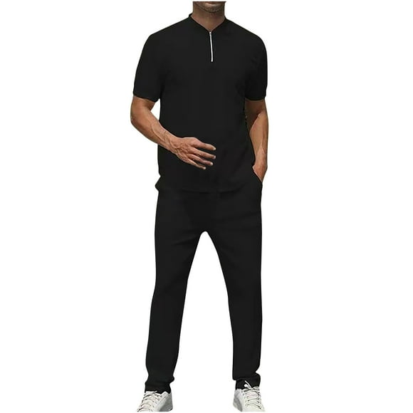 JURANMO Men's Tracksuits Sweatsuits Solid Color Sweat Track Suits Short Sleeve V-neck Tops and Pants 2 Piece Casual Athletic Jogging Sets Activwear Deals of the Day Black XXL
