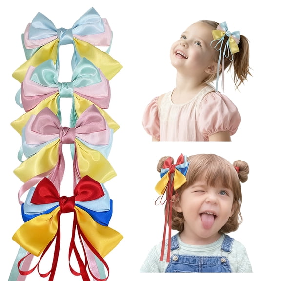 JoyBowie 4 Pcs 9inch Layered Long Tail Hair Bows for Girls 4-12 Years, Satin Ribbon Clips for Princess Parties & Daily Hairstyles