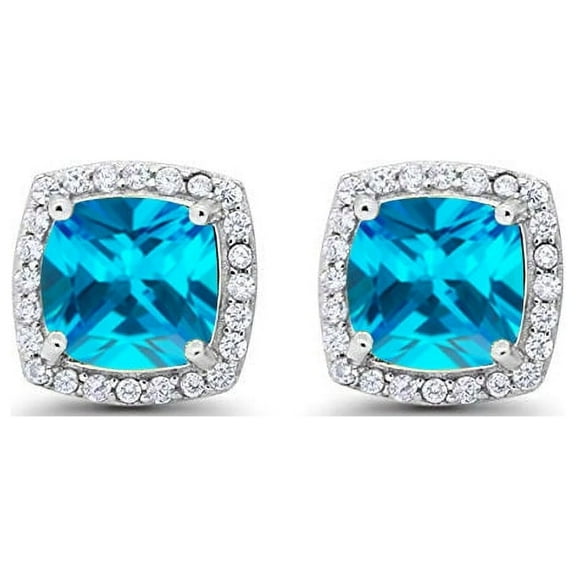 14k White Gold 3 Ct Created Halo Princess Cut Plated Blue Topaz Stud Earrings by Paris Jewelry