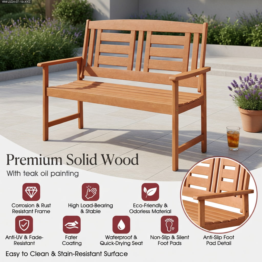 Hommoo Teak Outdoor Solid Wood Loveseat Bench, 2-Seat Patio Bench with Ergonomic 108° Backrest, Slatted Seat & Reinforced Crossbar for Garden, Balcony & Deck, Natural