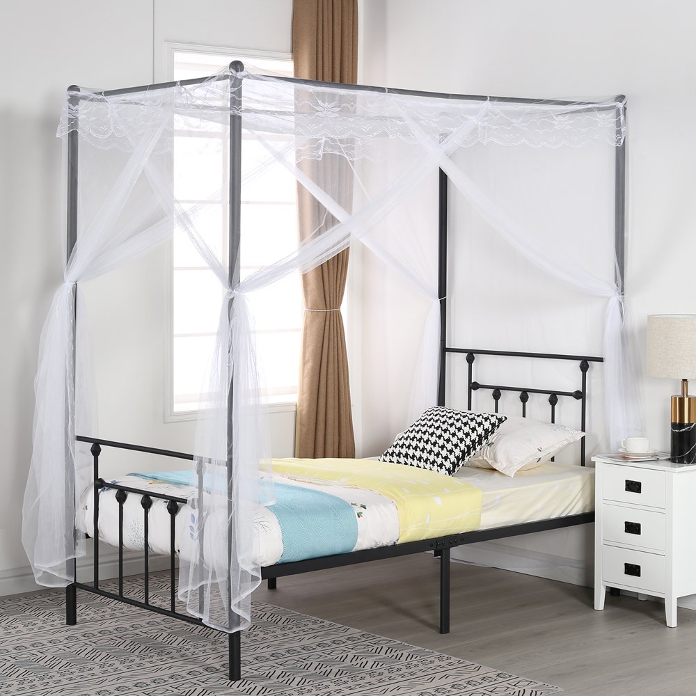 VECELO Antique Twin Antique Black Metal Platform Canopy Bedframe