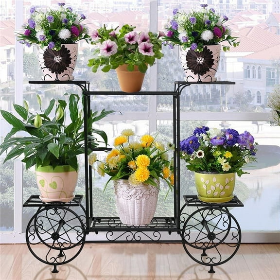 Wisfor 6 Potted Metal Garden Cart Plant Stand Flower Rack Indoor Outdoor  Black, 32.7x8.7x27inch