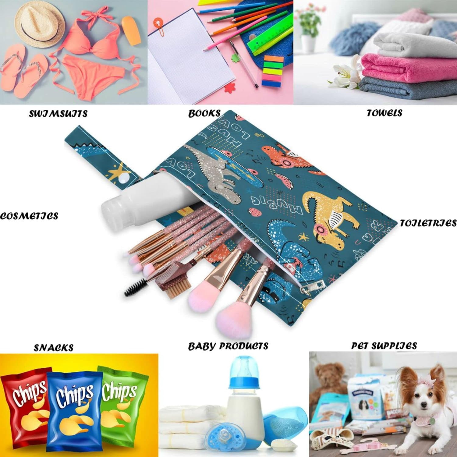 Music Lover Dinosaur 2Pcs Diaper Changing Totes Wet Bags with Zippered Pockets Washable Reusable Roomy Cloth Diaper for Travel,Beach,Daycare,Stroller,Dirty Gym Clothes,Wet Swimsuits,Toiletri
