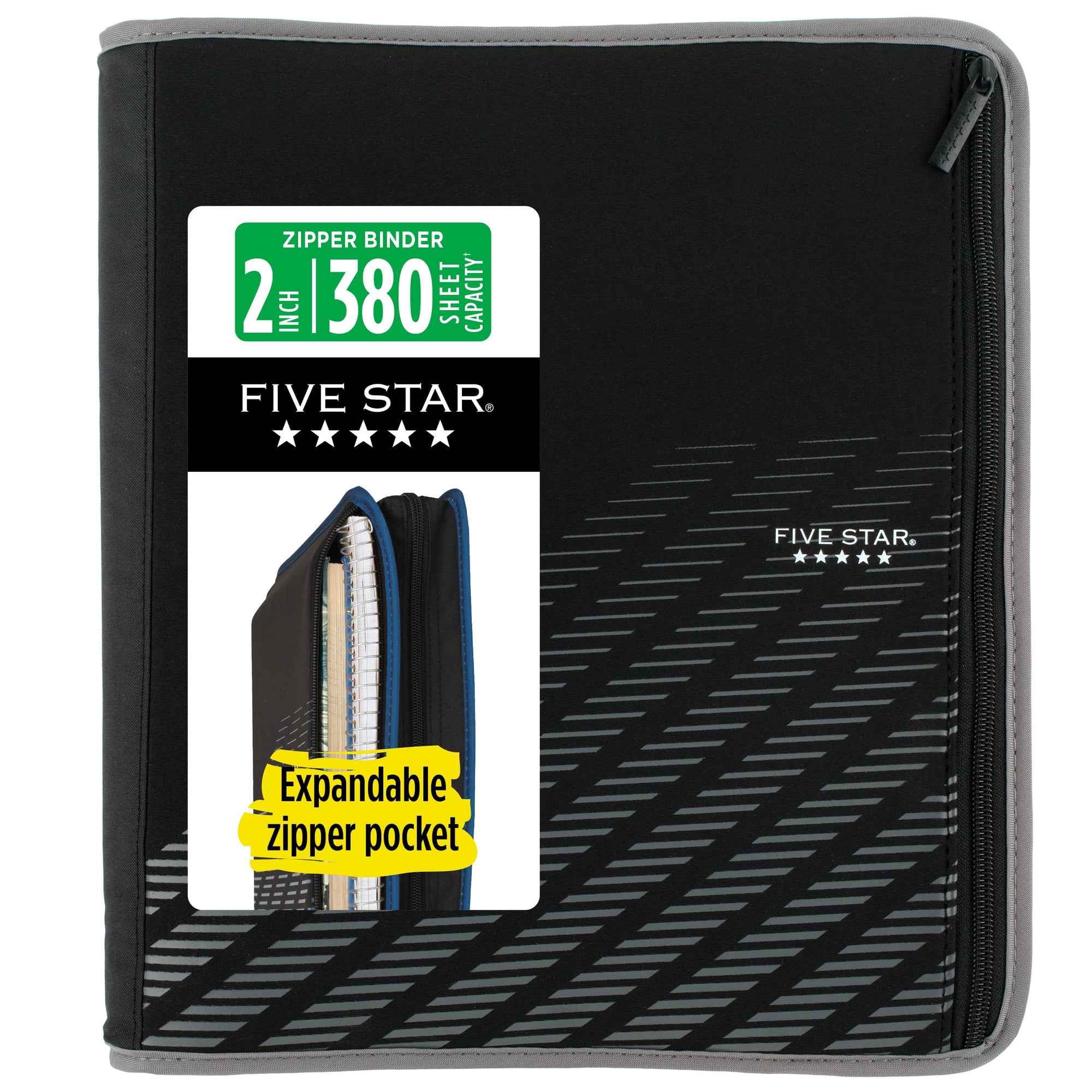 Five Star Xpanz Zipper Binder, 2" Round Rings, 380 Sheets, Gray (28090HX9)