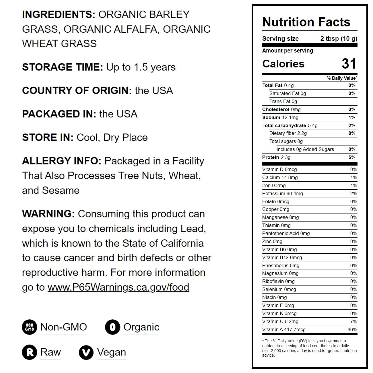 Organic SuperGrass Powder Mix, 8 Pounds — Non-GMO, Kosher, Vegan, Raw — by Food to Live