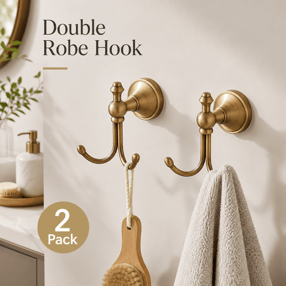 MORAVE 2 Pcs Antique Brass Vintage Wall Mounted Towel Hook, 2 Hooks Brushed Gold Finish Bronze Robe Coat Hanger Hooks for Bathrooms and Kitchen