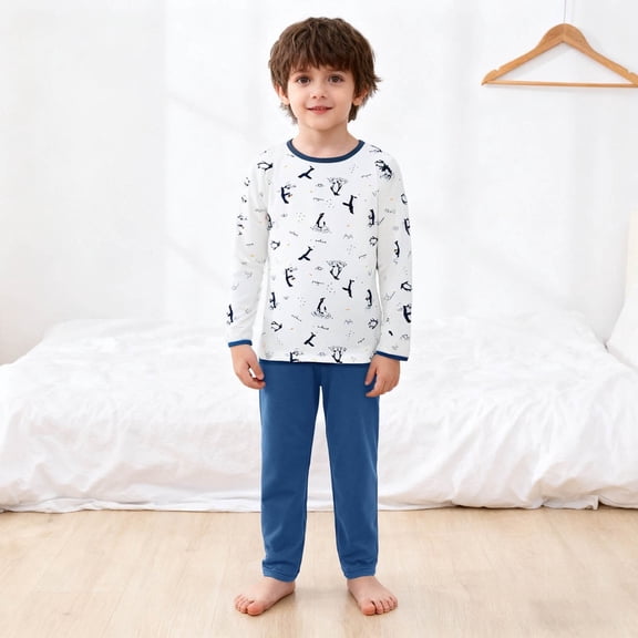 FYDUU Boys Pajamas Set Cute Penguin Print Long Sleeve Tops with Pants Two Piece Sleepwear for Kids Fall Winter Cozy Loungewear Outfits