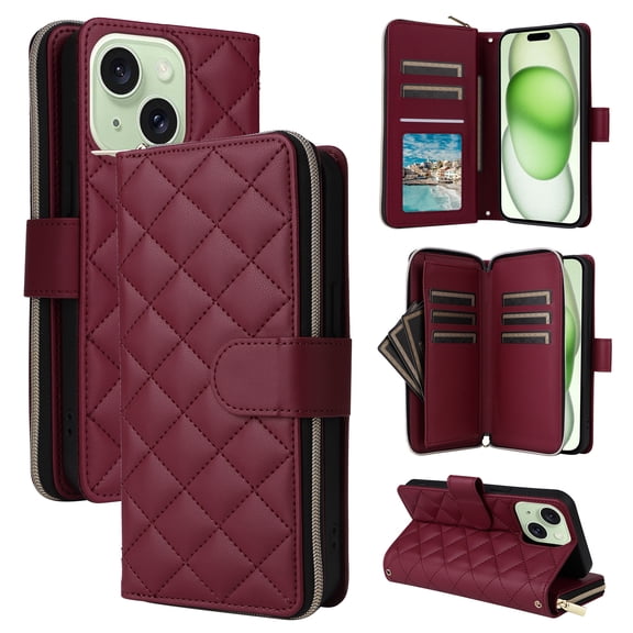 for iPhone 15 Wallet Case, Multi-Functional Zipper Purse Case, with Flip Stand Card Holder PU Leather Phone Cover with Lanyard & Wrist Strap for iPhone 15, Winered