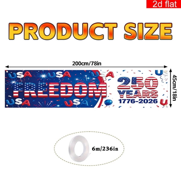 USA 250th Anniversary Banner Patriotic Decorations, 1776-2026 America 250 Years Freedom Outdoor Yard Sign, Happy Birthday USA Porch Background for 4th of July Party Supplies