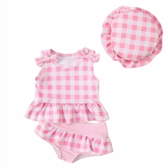 CAIVO Baby Girls Swimsuit Two Piece Swimwear Sets Bowknot Ruffle Crewneck Sleeveless Tankini Top With Swim Shorts And Hat Plaid Print Toddler Kids Beach Bathing Suit