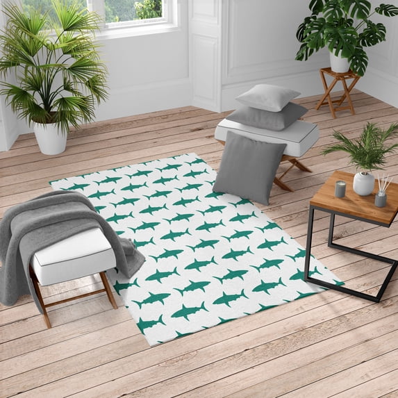 Sea Animals Turkish Area Rug, Sharks Swimming Horizontal Silhouettes Powerful Dangerous Wild Life, Soft Carpet for Living Room Decor, 4' X 5.7', Dark Teal and White, by Ambesonne