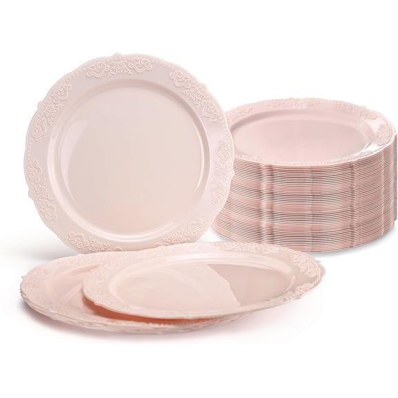 120 Plates Pack, Vintage Style, Disposable Wedding Party Plastic Plates (7.5'' Appetizer/Dessert Plate, Portofino in Light Pink)