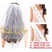 BRIDE TO BE and BRIDESMAID Bridal Shower party favor SET Bachelorette Party Sashes and veil set - WHITE with GOLD PRINT