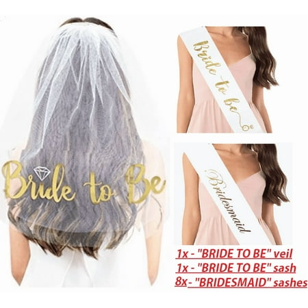 BRIDE TO BE and BRIDESMAID Bridal Shower party favor SET Bachelorette Party Sashes and veil set - WHITE with GOLD PRINT