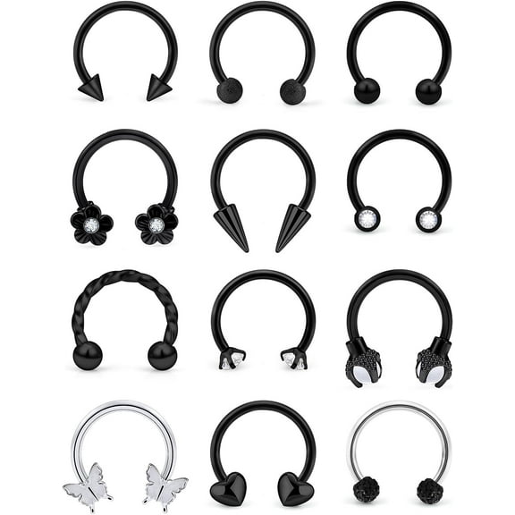 Septum Rings 16G Surgical Steel Septum Jewelry Smiley Piercing Jewelry Daith Rook Earrings for Women Men Horseshoe Hoop Earring Heart Butterfly Nose Rings 10mm 12pcs,16g,black