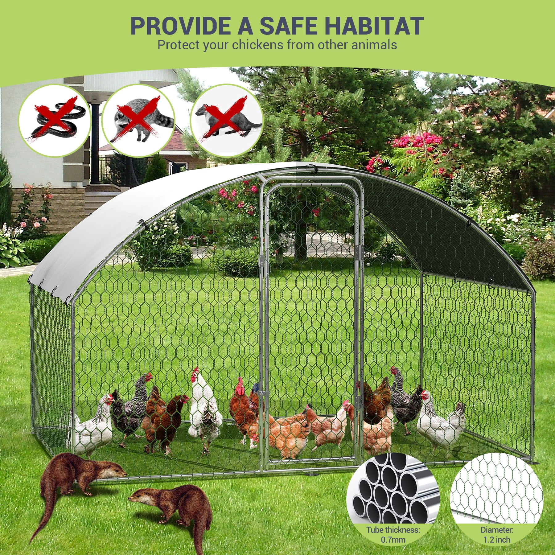 Large Metal Chicken Coop, Large Chicken Coop for Yard, Walk-in Poultry Cage with Waterproof and Anti-Uv Cover, Chicken Run for Outdoor Backyard Farm, Doom Roof, 9.8×6.5×6.5ft,Silver
