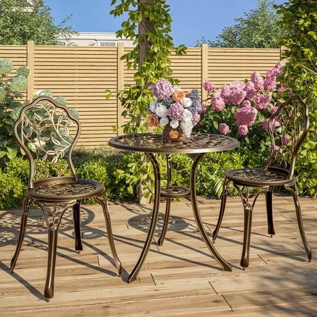 BELLEZE 3 Piece Bistro Outdoor Patio Set Leaf Design Weather Resistant Round Table 2 Chairs Bronze Cast Garden Furniture