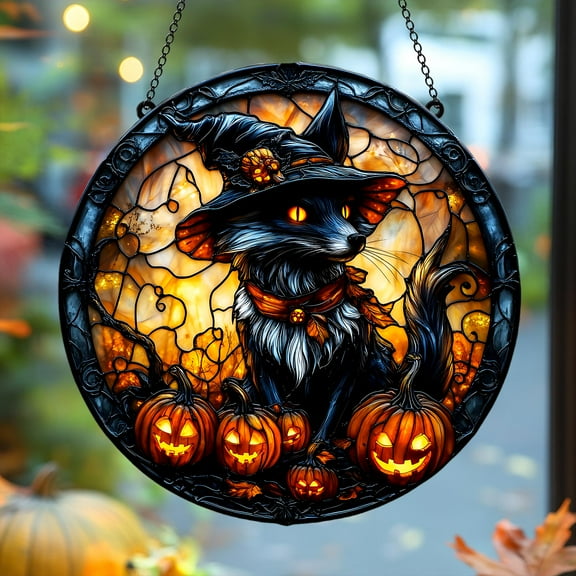 Mystic Witch Fox & Pumpkin Suncatcher – Halloween Acrylic Window Art in Stained-Glass Style with Glowing Lanterns, Fall Decor 4339839615