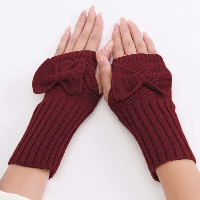 Gants à Moins de 5 $ Mitaines Rouges Gants Courts à Nœud Automne et Hiver pour Femmes Mignons Poignet Tricoté Laine Chauds Gants Sans Doigts