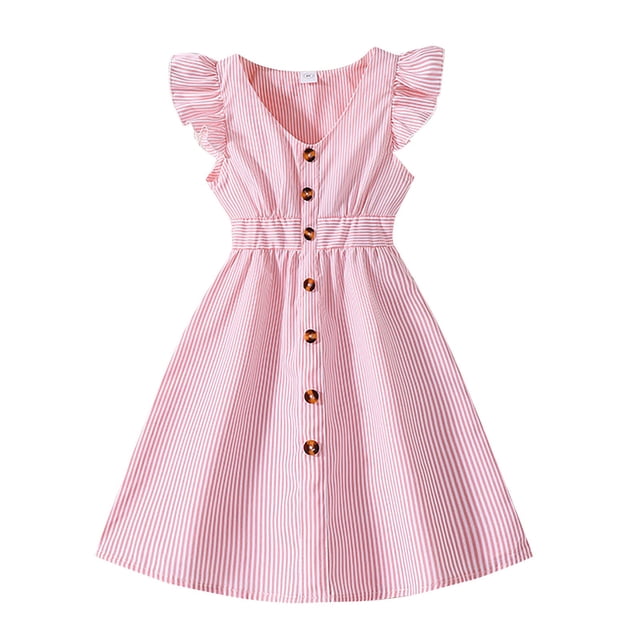 XIMIN Robe d'Été à Rayures pour Filles, Manches à Volants, Robe Midi Boutonnée, Col en V, Ligne A, Robe Décontractée pour la Plage, les Vacances, le Quotidien (Rouge, 8 Ans)