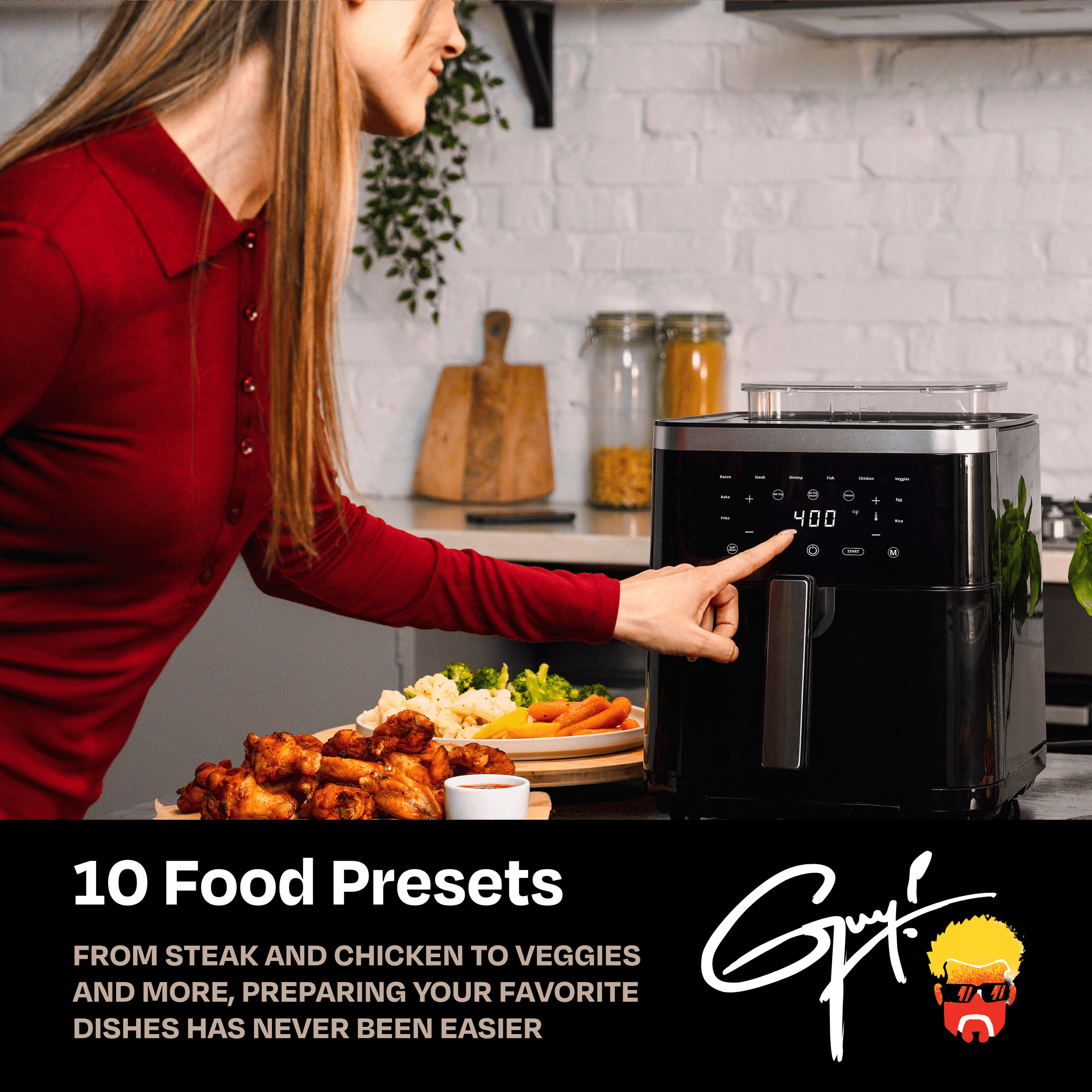 Guy Fieri's Flavortown 6.5 Quart Steam Air Fryer with Moisture Lock Technology –  Programmable Steamer and Air Fryer Combination, Temperature Control, 10-Presets, 1700 Watts