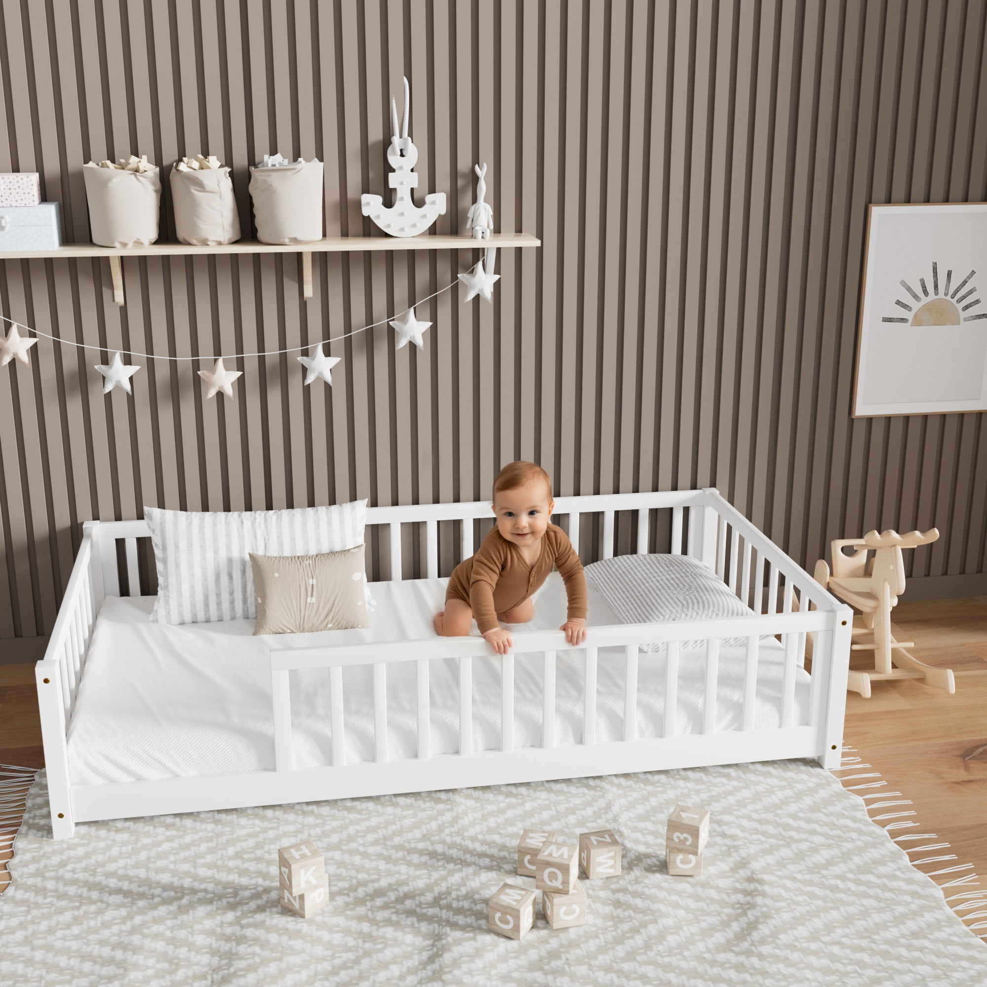 Twin Size Floor Bed, Wood Twin Montessori Bed Frame with Fence Guardrails and & Support Slats, Twin Playhouse Bed without Door, White