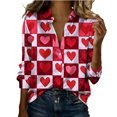 thumbnail image 1 of Tops de manga larga de las mujeres Casual día de San Valentín impreso satén blusa botón arriba solapa camisa con cuello, Tops de manga larga de las mujeres, 1 of 8