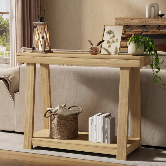 43.5" Entryway Console Table, Slim Industrial Sofa Table with 2 Storage Shelves, Oak Color
