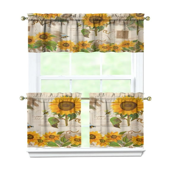 Rustic Wildflower Curtains 24 Inch Short - 3 Panel Farmhouse Bohemian Set with Vintage Floral Design, Rod Pocket Kitchen