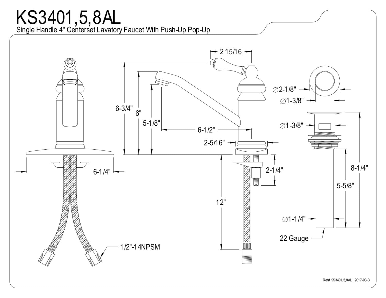 Kingston Brass KS3401AL Vintage Single-Handle Bathroom Faucet with Push Pop-Up, Polished Chrome