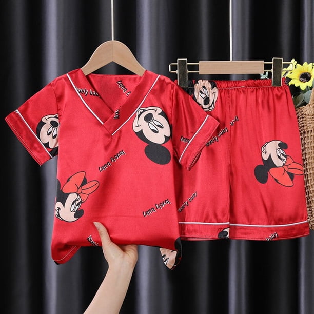 Mickey Mouse Winnie The Pooh Simulación Seda Pijamas para niños Verano Dibujos animados lindo Niño y niña Suelta Fina Seda de hielo Ropa para el hogar16 130-140 cm Gao Jinjia LED